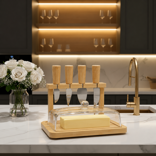 Luxury Bamboo Butter Dish with Glass Lid & 4 Spreaders