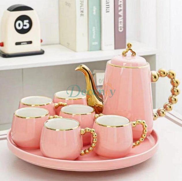 9-Pcs Ceramic Coffee Set | Rotating Tray | Pink Color