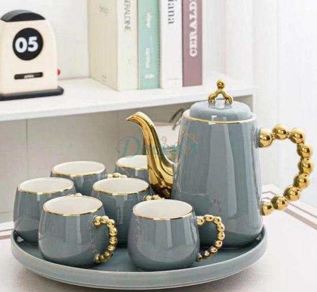 9-Pcs Ceramic Coffee Set | Rotating Tray | Grey Color