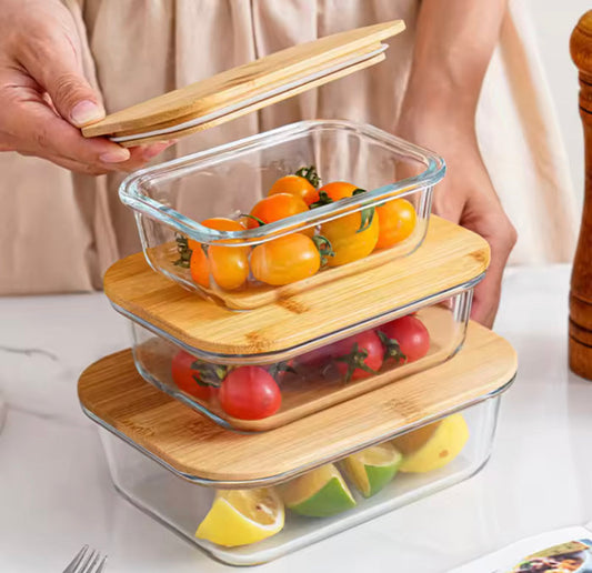 Set of 3 Glass Lunch Boxes with Bamboo Lids