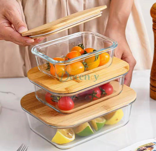 Set of 3 Glass Lunch Boxes with Bamboo Lids
