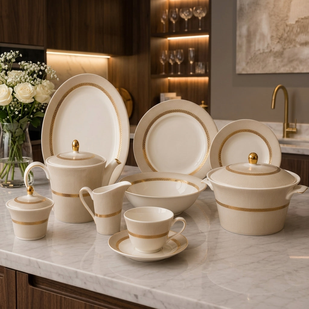 Full 61-piece Royal Gold cream bone china dinner set displayed on a marble countertop with tea service and dinnerware.