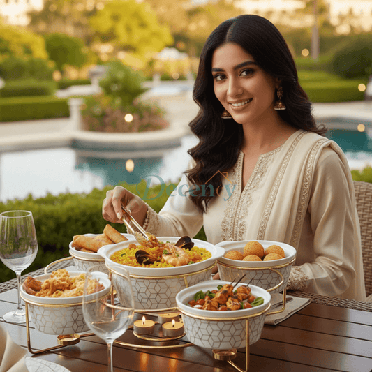 The Geometric Gold 5-Piece Ceramic Chafing Server (White)