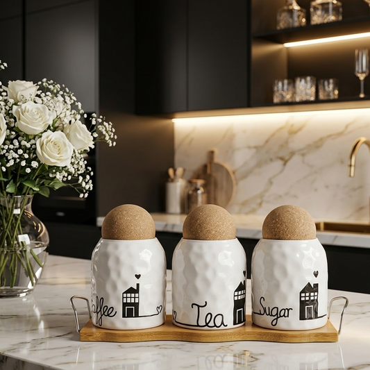 3-Piece Ceramic Kitchen Canister Set with Wooden Stand –