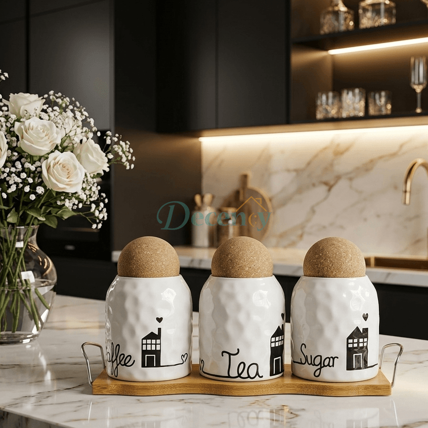 3-Piece Ceramic Kitchen Canister Set with Wooden Stand