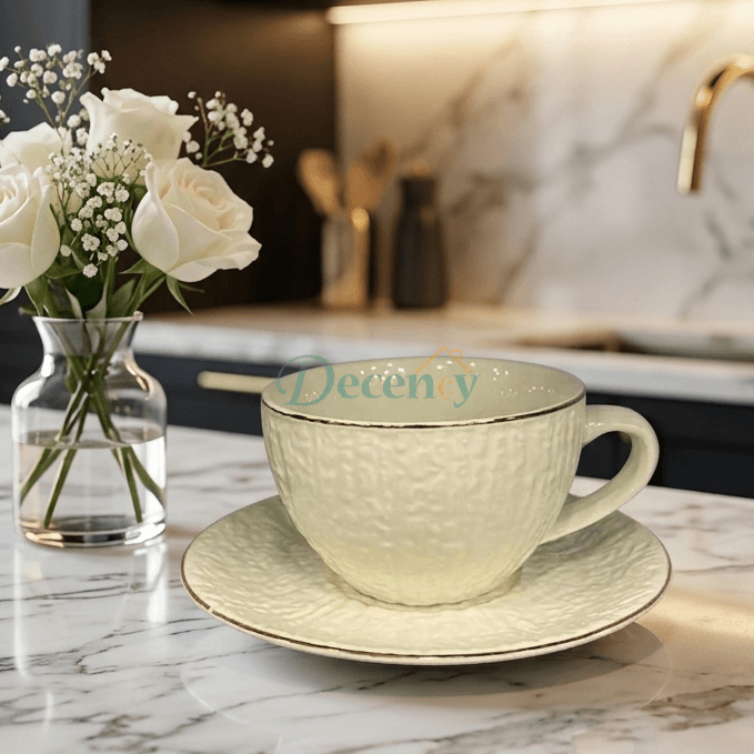 6 Pcs Elegant Ivory Textured Tea Cup & Saucer Set