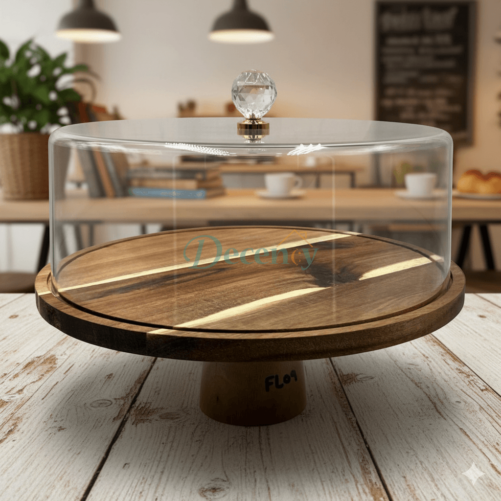 Wooden Cake Tray with Acrylic Dome – Small Size