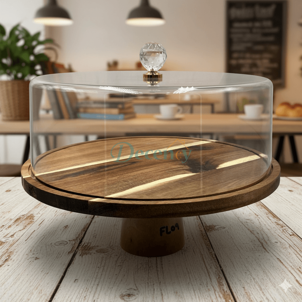 Wooden Cake Tray with Acrylic Dome – Small Size