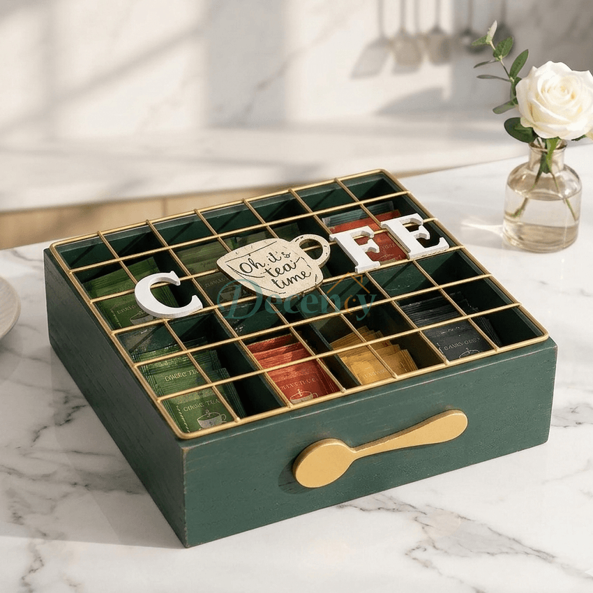 Premium Tea & Coffee Sachet Storage Box – Wooden Organizer