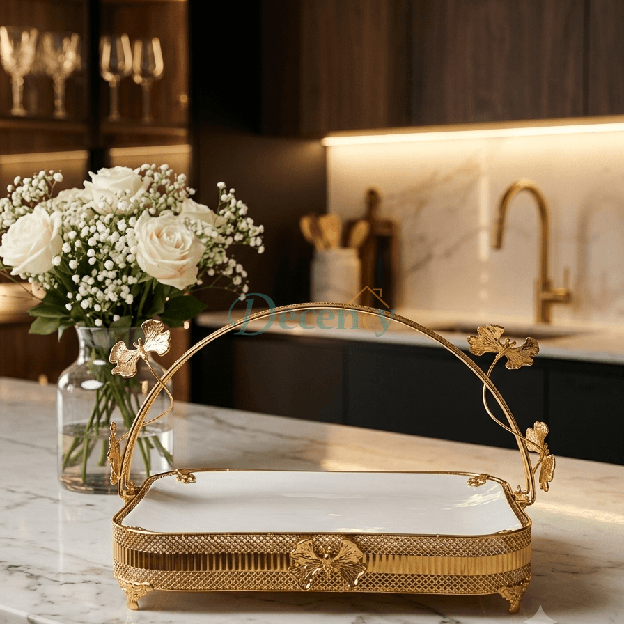 Luxurious Gold Butterfly Serving Tray with Ceramic Base