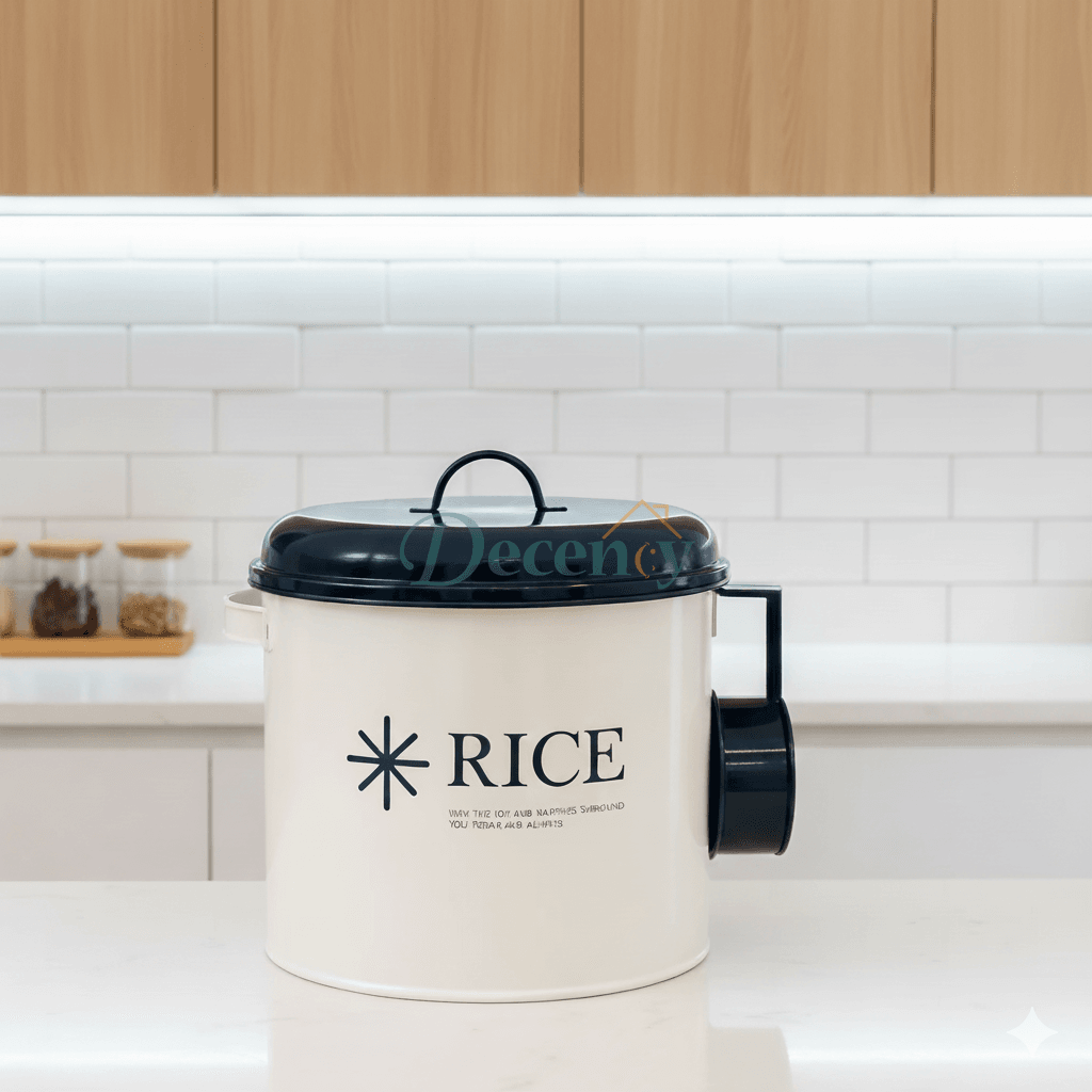 Elegant silver metal rice canister with airtight lid for grain storage in a modern Pakistani kitchen