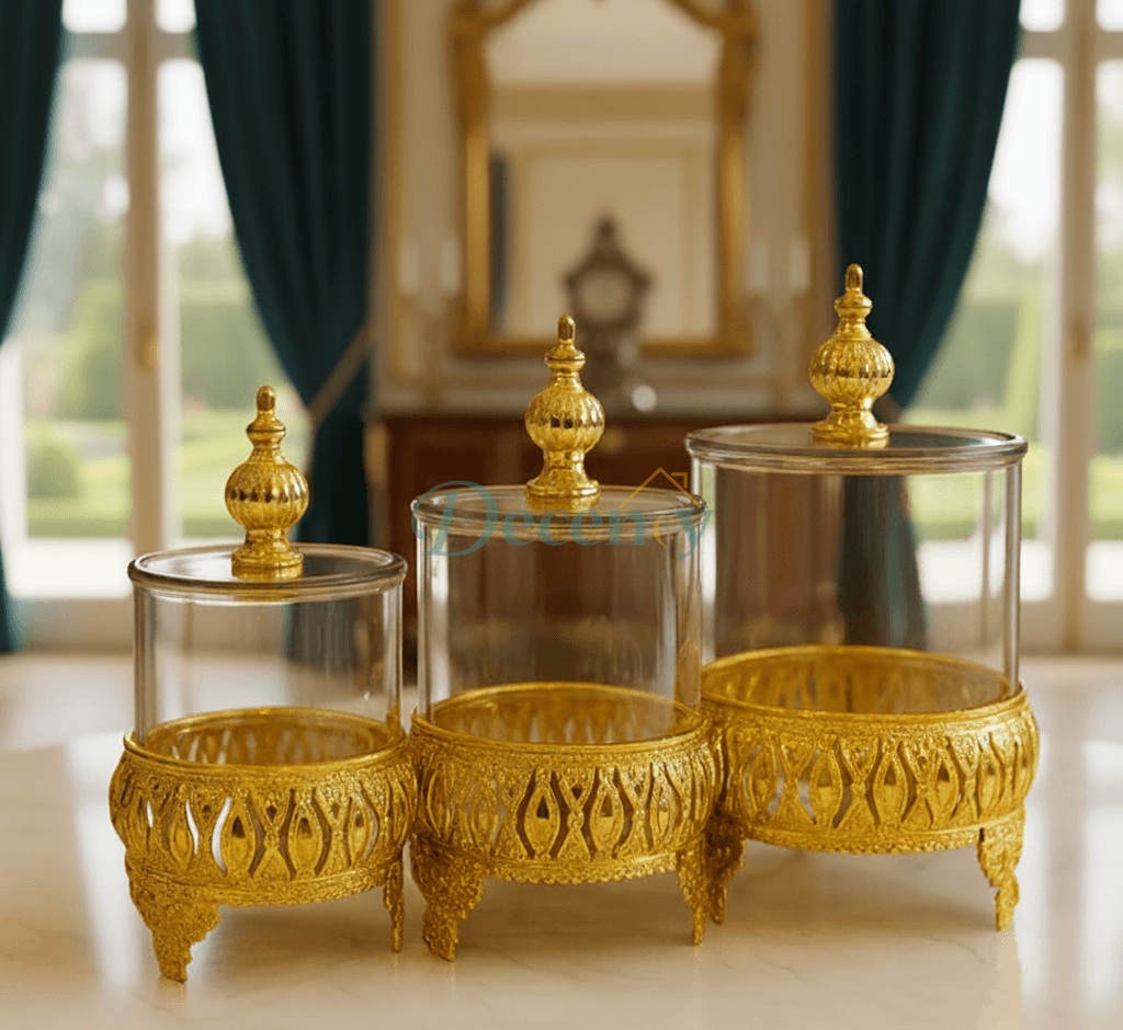 3-Piece Gold Pedestal Clear Glass Jar Set with Lids for Dry Fruits and Mithai Display in Pakistan