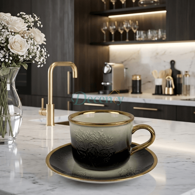 6 Pcs Luxury Black & Gold Ribbed Ceramic Coffee Cup with Saucer