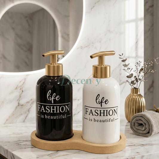 2-Piece Ceramic Soap Dispenser with Wooden Tray - Fashion