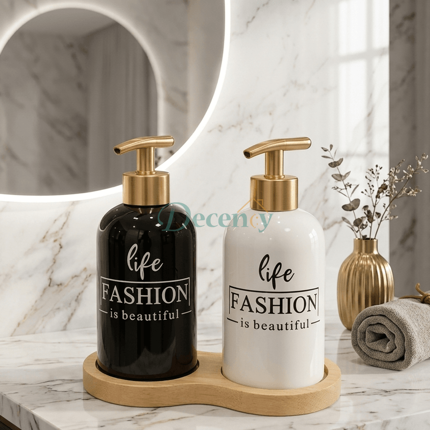 2-Piece Ceramic Soap Dispenser with Wooden Tray - Fashion