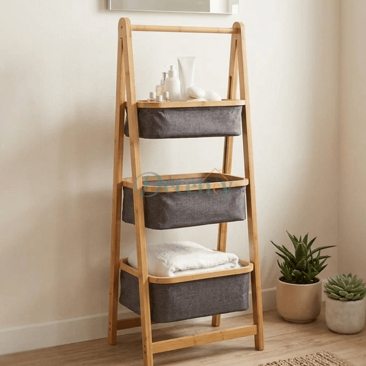 Modern 3-Tier Bamboo Organizer Rack with Fabric Baskets