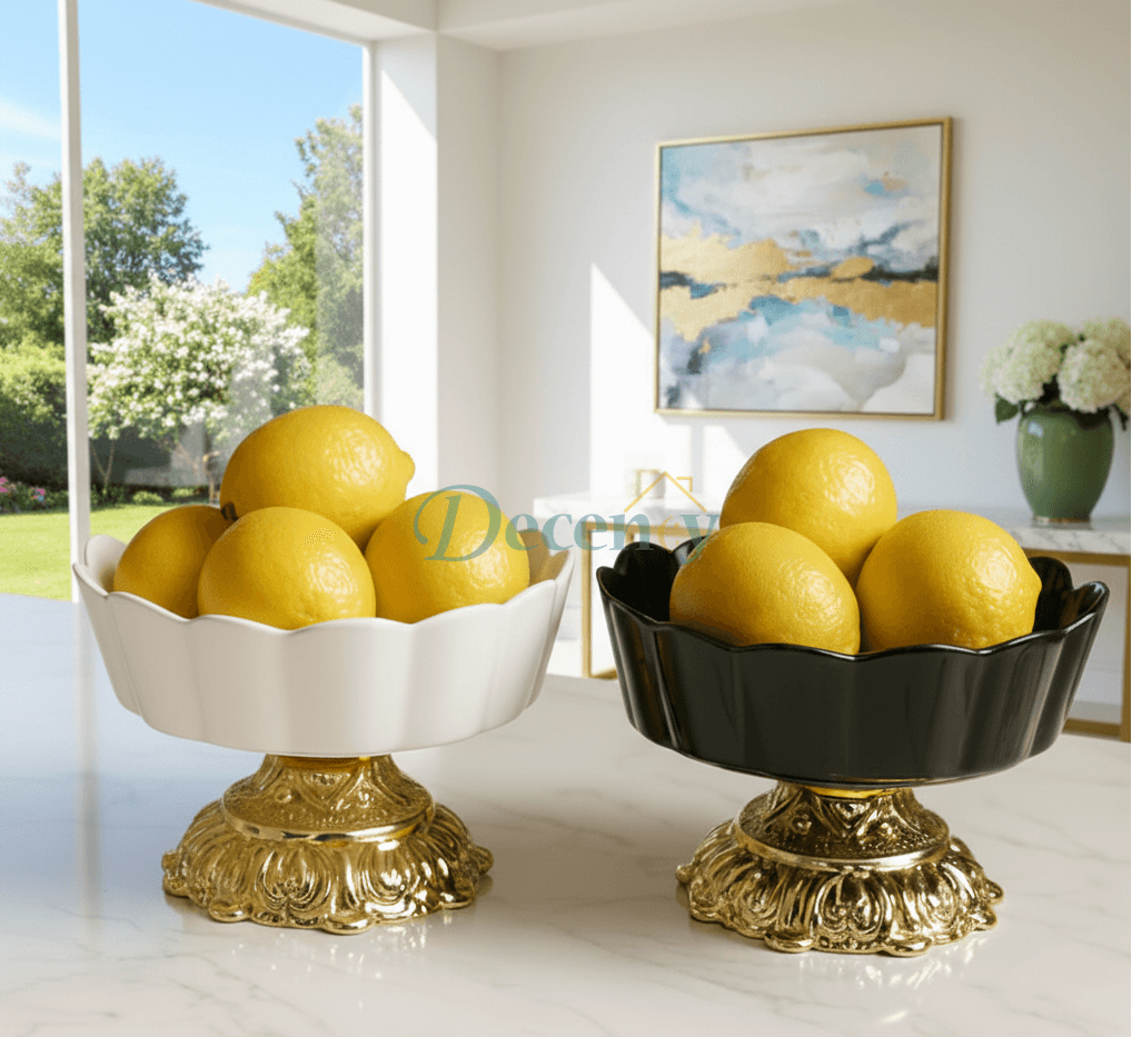 Close-up of elegant white ceramic serving bowl on a golden metal stand for home decor