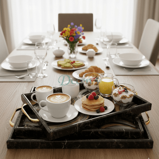 3-Piece Black Aesthetic & Gold Marble-Look Serving Tray Set