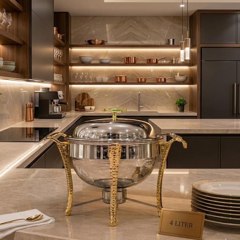 4L Round Hammered Stainless Steel Chafing Dish with Gold Accents