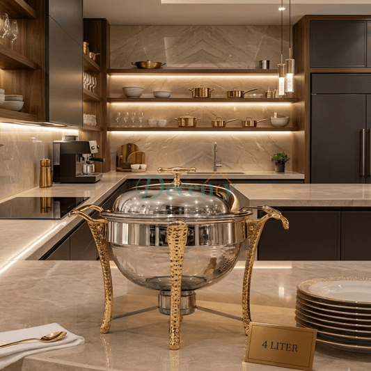 4L Round Hammered Stainless Steel Chafing Dish with Gold Accents
