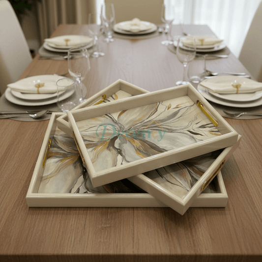 3-Piece White & Gold Marble-Look Serving Tray Set