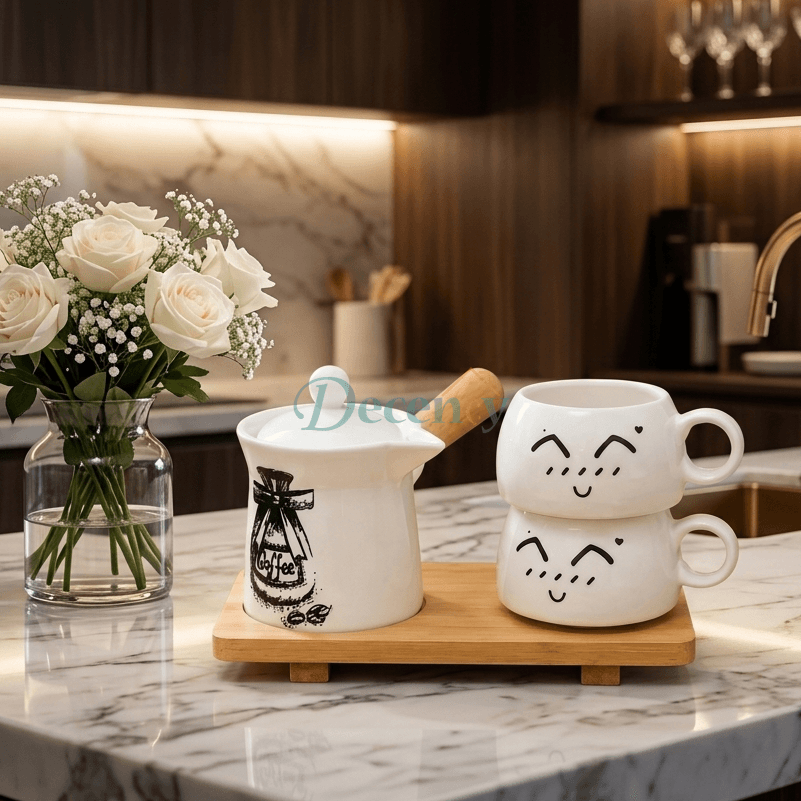 Luxury Cute Ceramic Coffee & Tea Serving Set with Bamboo Stand