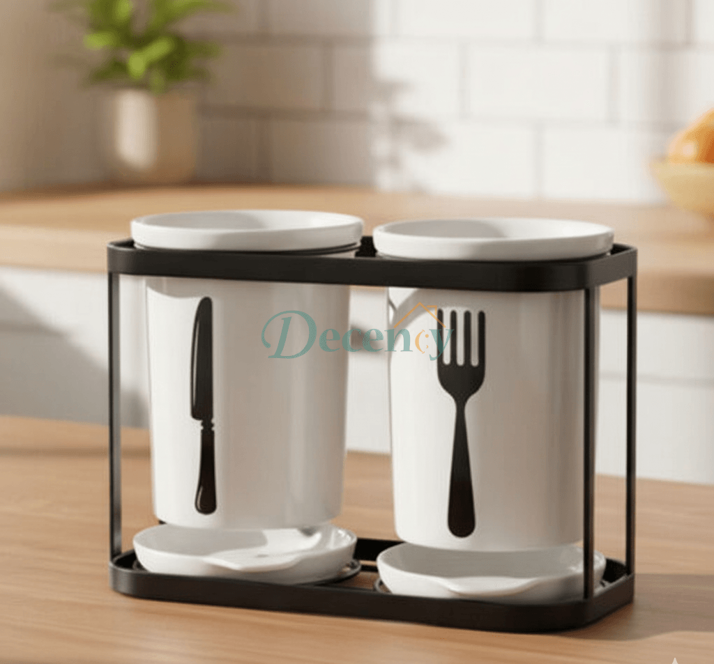 2-Piece Spoon Organizer with Metallic Rack & Water Drainage Premium Kitchen Spoon Holder