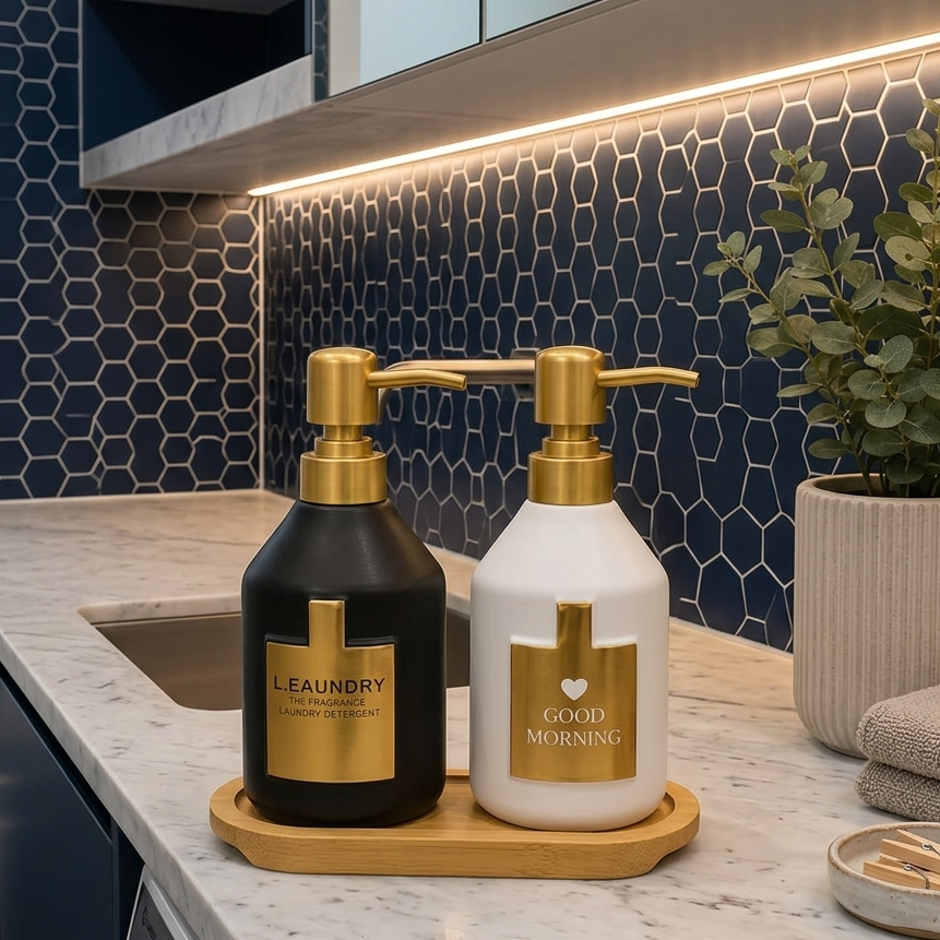 Elegant Ceramic Duo Soap Pump Bamboo Holder - Luxe Gold