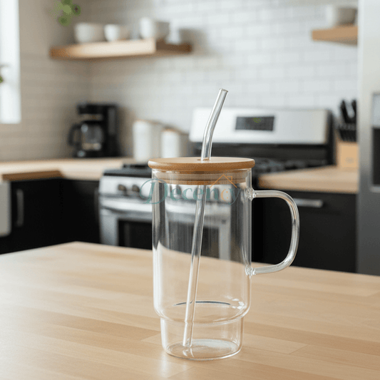 700ml Short Base Borosilicate Glass Tumbler with Straw & Bamboo Lid –