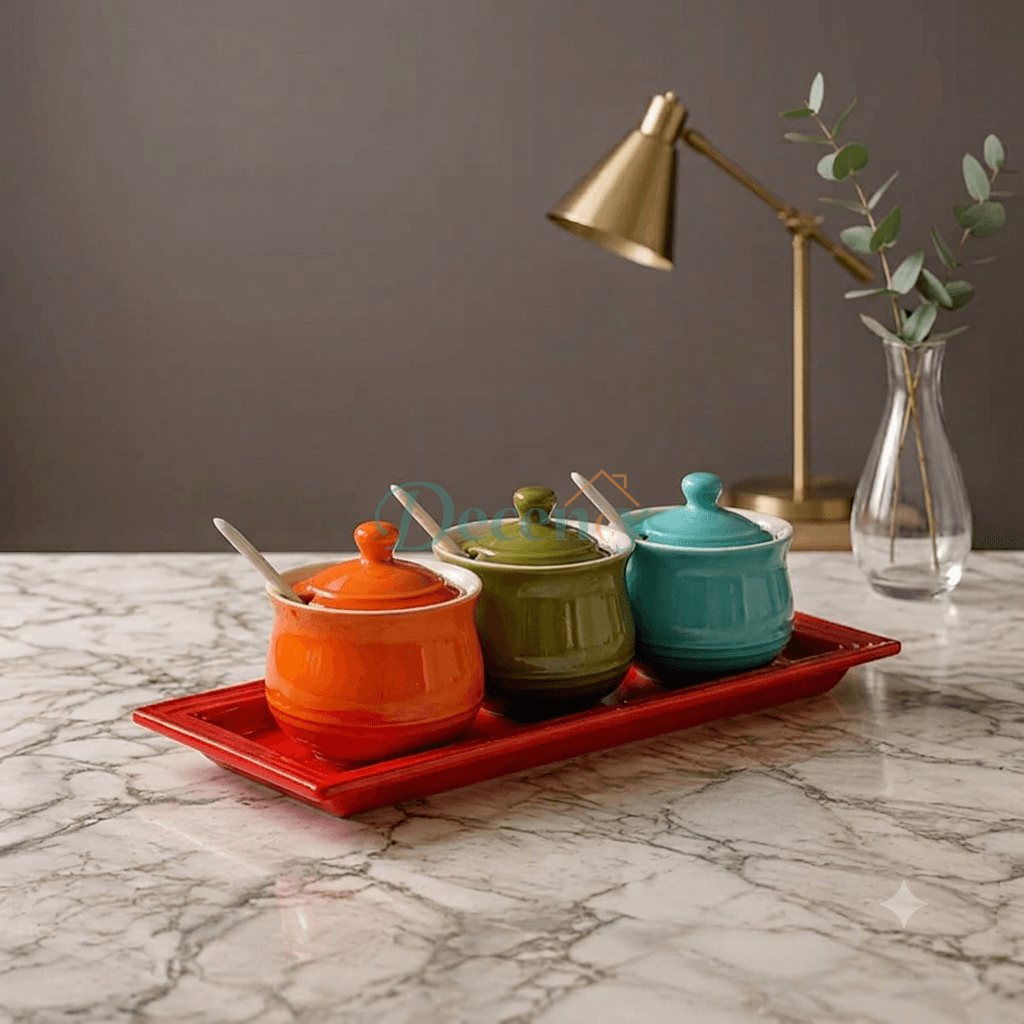 Le Creuset Ceramic Condiment Jar Set with Tray & Spoons