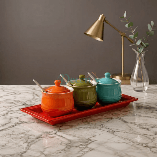 Le Creuset Ceramic Condiment Jar Set with Tray & Spoons