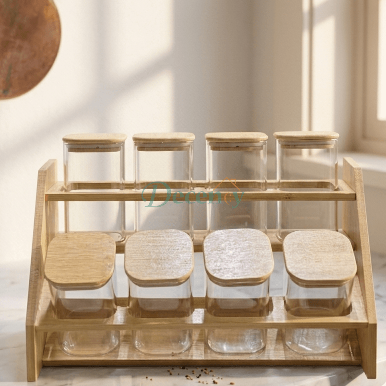 Elegant Bamboo Spice Tube Holder with Glass Jars – 8 Pieces