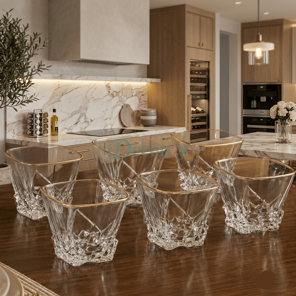 Elegant Gold Rim Crystal Whiskey & Juice Glass Set – 6 Pcs