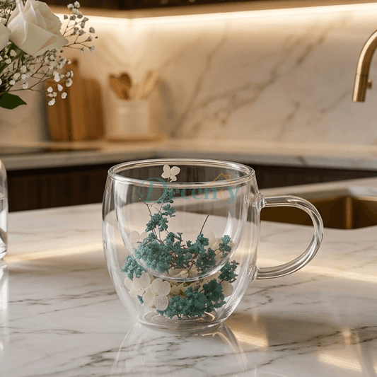 Double Wall Dried Flower Glass Mug 250ml - Heat Resistant