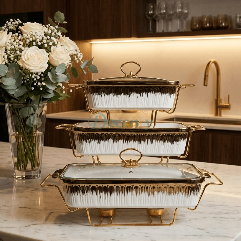 3 Pcs Luxury Ceramic Buffet Dish Set with Golden Stand & Lid ( 1 )