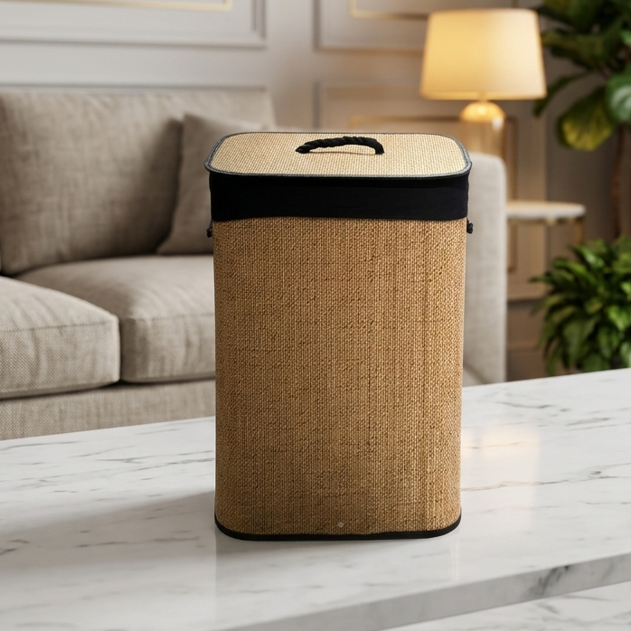 Foldable Woven Laundry Basket with Lid – Rectangular light brown