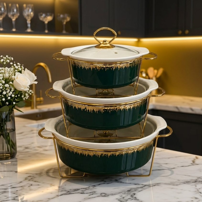 Round Green Serving Dish Set – Elegant Ceramic Dinnerware Collection
