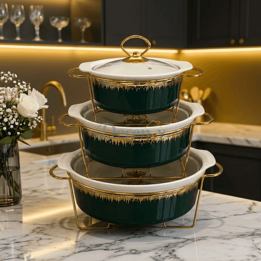 Round Green Serving Dish Set – Elegant Ceramic Dinnerware Collection