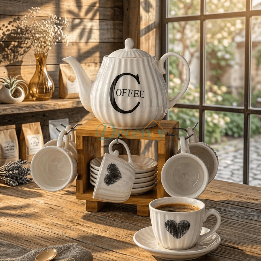 Elegant Blossom 15-Piece Ceramic Tea Set with Bamboo Rack