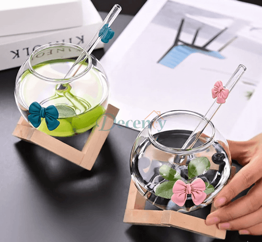 Elegant Double Wall Glass Mug with Straw & Bamboo Base
