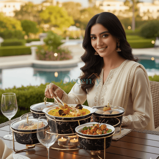 The Geometric Gold 5-Piece Ceramic Chafing Server