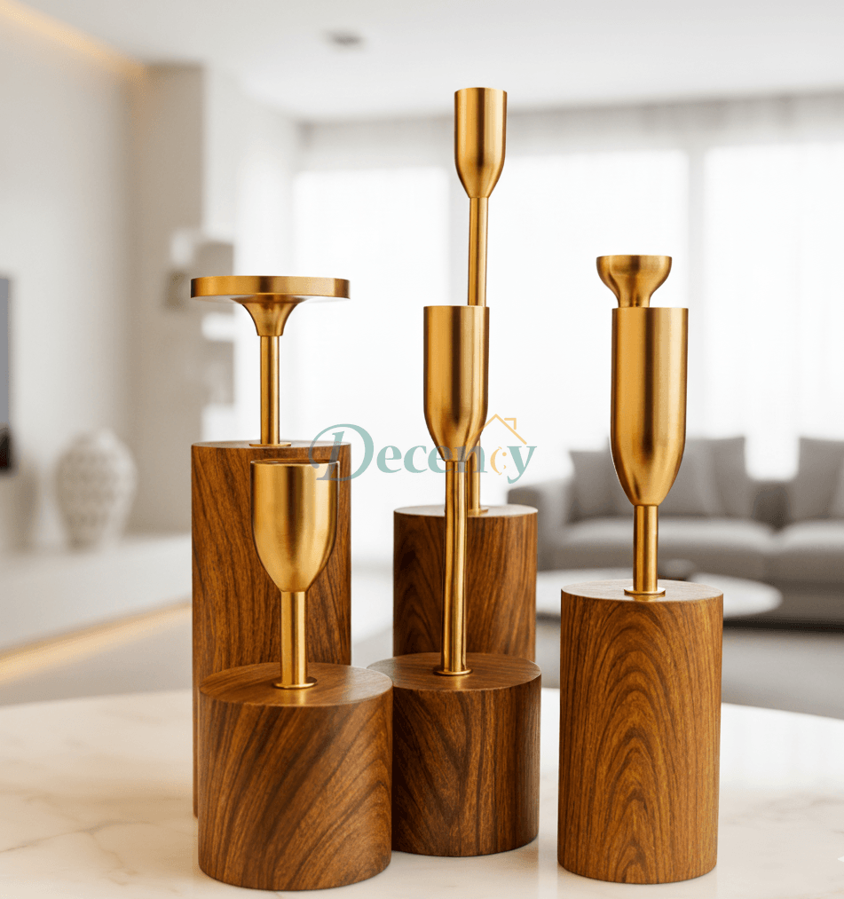 Aurora Gold Candle Holder Set – 6 Pieces with Solid Wood Base