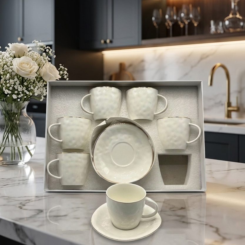 Luxury White Porcelain Tea Cup & Saucer Set – 12 Piece Textured with Gold Rim