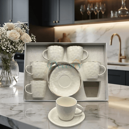 Luxury White Porcelain Tea Cup & Saucer Set - 6 Piece