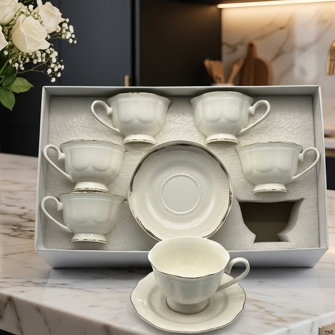 Elegant Embossed Design With Silver Rim 6 Pcs Cups & Saucers sets