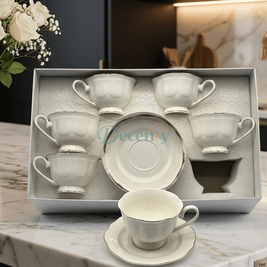 Elegant Embossed Cups & Saucers Set with Silver Rim (6 Pcs)