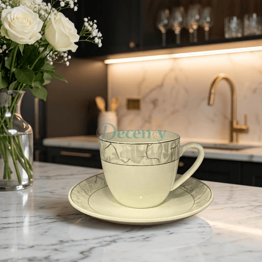 6 Pcs Elegant Ivory Marble Pattern Tea Cup and Saucer Set