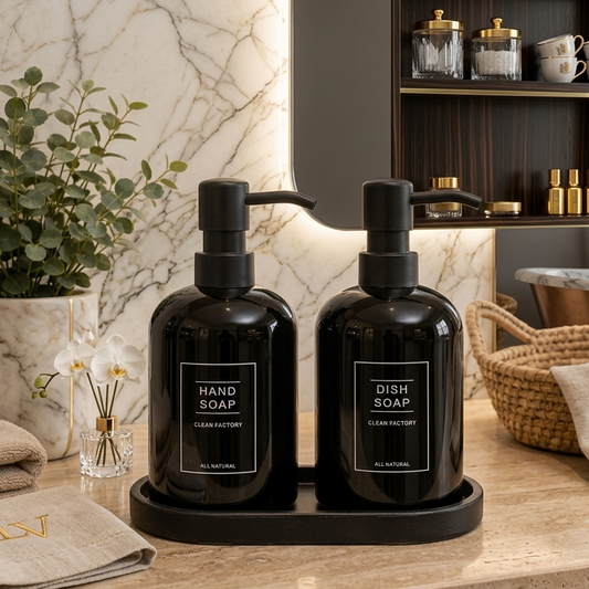 2-Piece Ceramic Soap Dispenser Set with Tray ( Matte Black )