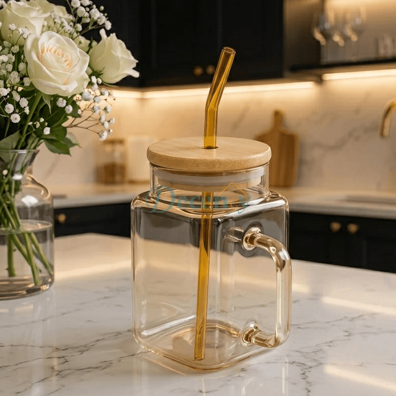 Luxury Cube Glass Drinking Mug with Straw - Golden Tint