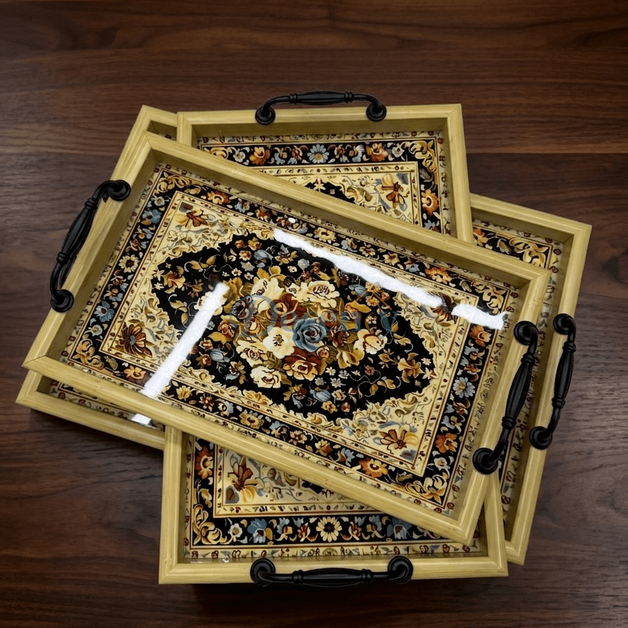 Luxury Wooden Frame Floral Serving Trays – Set of 3
